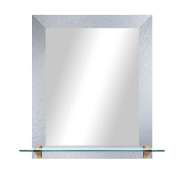 Unbranded 21.5 in. W x 25.5 in. H Rectangle Light Silver Vertical Mirror With Tempered Glass Shelf/Brass Brackets