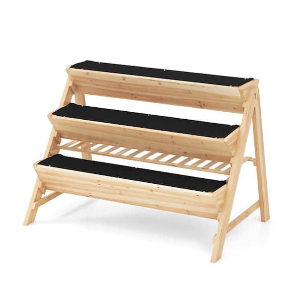 Outdoor Natural Fir Wood & Non-Woven Fabric Raised Garden Bed Vertical Planter Box 3-Tier (1-pack)