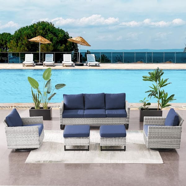 White 3-Piece U-shaped Foot Design Wicker Patio Sectional Set with Navy Cushions
