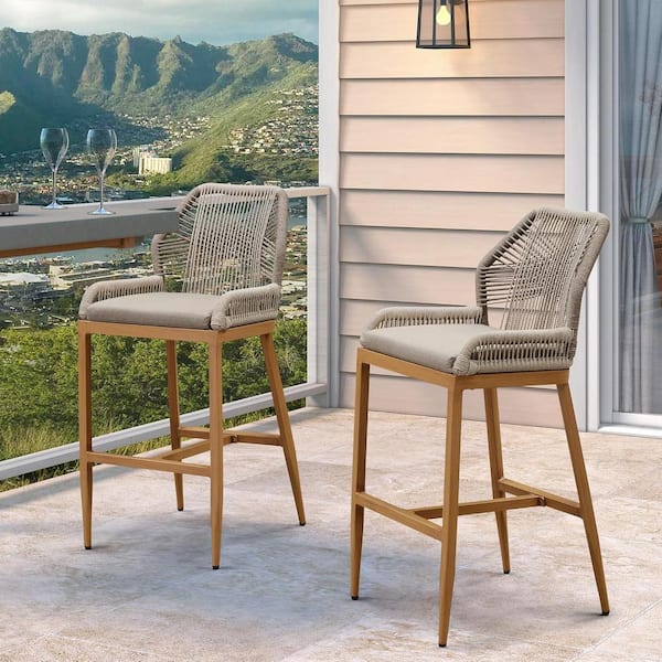 PURPLE LEAF Modern Aluminum Twill Wicker Woven Bar Height Outdoor Bar Stool with Back and Sunbrella Taupe Cushion (2-Pack)