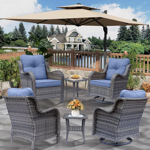 Gray 6-Piece Wicker Patio Conversation Set Outdoor Armchairs and Swivel Chairs Side Table with Denim Blue Cushions