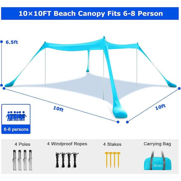 Phewnyzo 10 ft. x 10 ft. Blue Beach Tent Sun Shelter - UPF50+ Pop