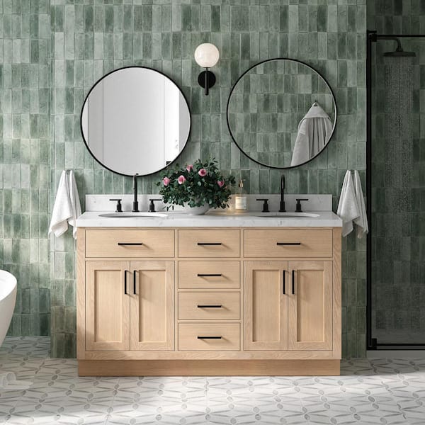 ARIEL Hepburn 60 in. W x 22 in. D x 36 in. H Double Freestanding Bath Vanity in Oak with Carrara White Quartz Top
