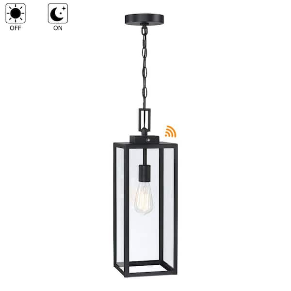 21.5 in. 1-Light Matte Black Outdoor Hanging Lantern Pendant Light with Clear Glass Dusk to Dawn