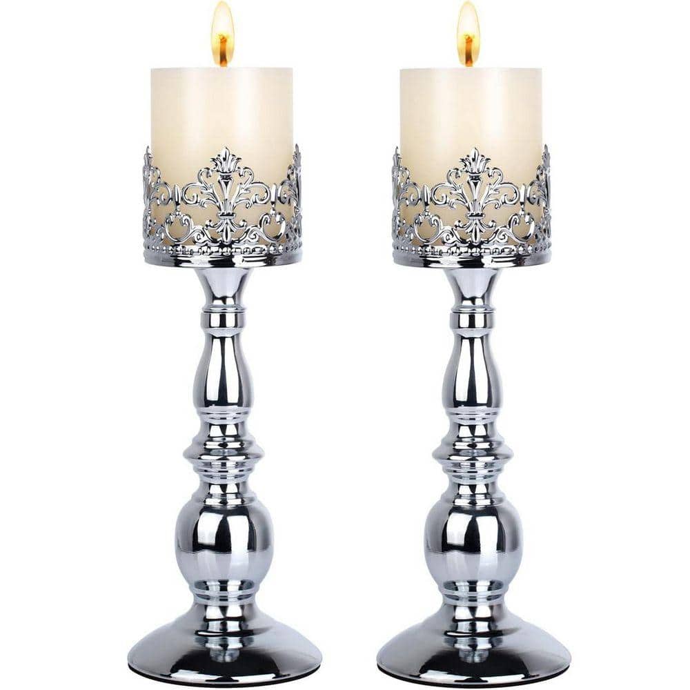 Gothic Vintage Pillar Candle Holders 2-Piece Silver Tall Table