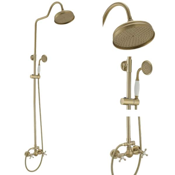 BWE Double Handle 2-Spray Shower Faucet Round Wall Bar Shower Kit 2.5 GPM with High Pressure 2 Cross Handles in Brushed Gold