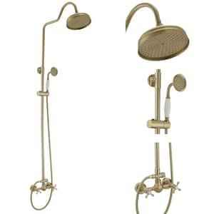 2-Spray Round High-Pressure Wall Bar Shower Kit with Hand Shower 2 Cross Handles Mixer Shower System in Brushed Gold