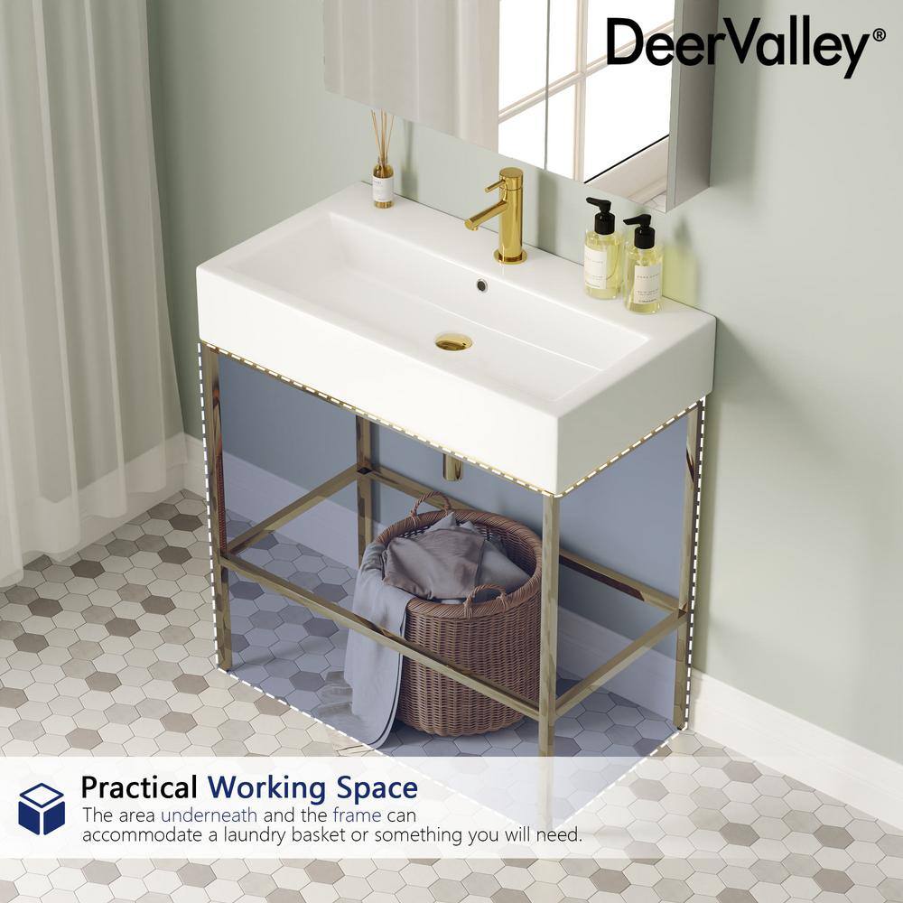 White Ceramic Console Sink with Gold Stainless Steel Frame