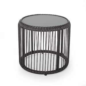 Pabrico Grey Round Plastic Outdoor Side Table with Tempered Glass Top