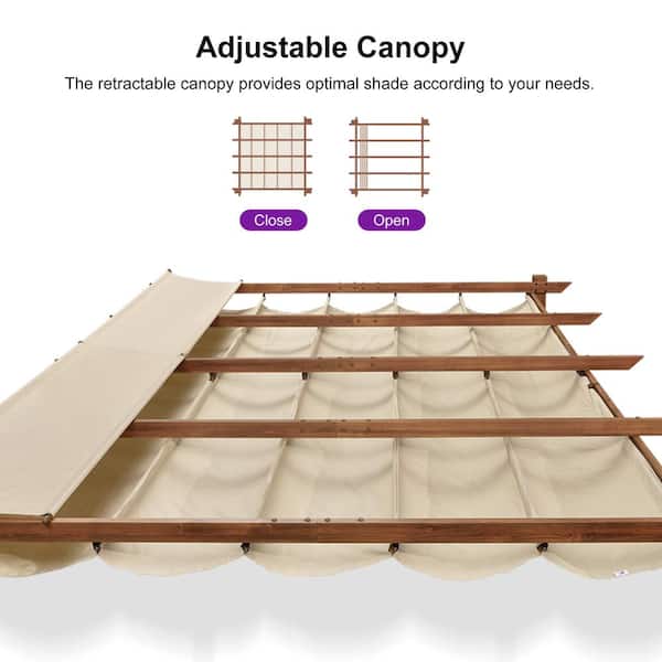 10 ft. W x 13 ft. D Outdoor Natural Wood Grain Aluminum Pergola with Khaki Adjustable Sun Canopy and Protective Roof