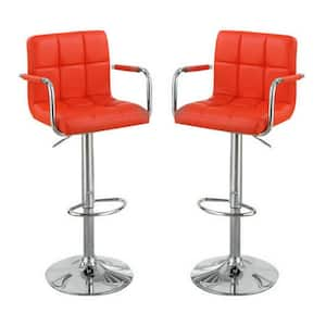 39 in. Red Low Back Wood Frame Barstool with Faux Leather Seat ((set of 2))