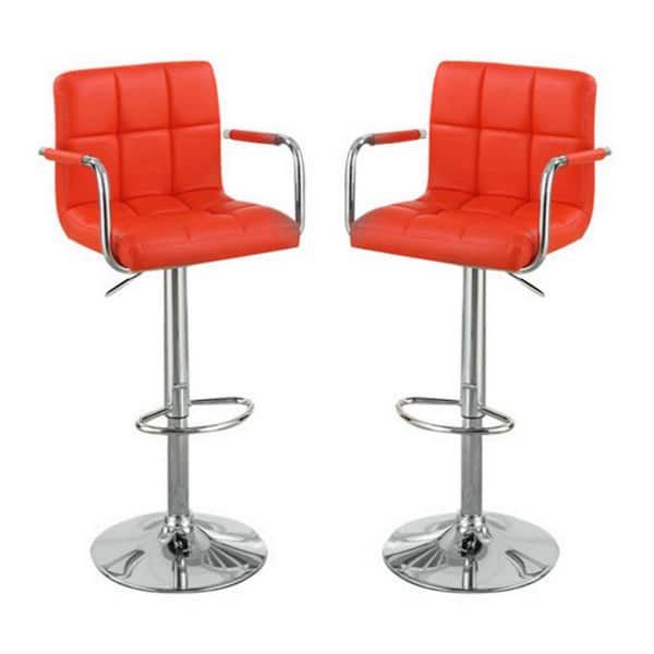 Benjara 39 in. Red Low Back Wood Frame Barstool with Faux Leather Seat ((set of 2))