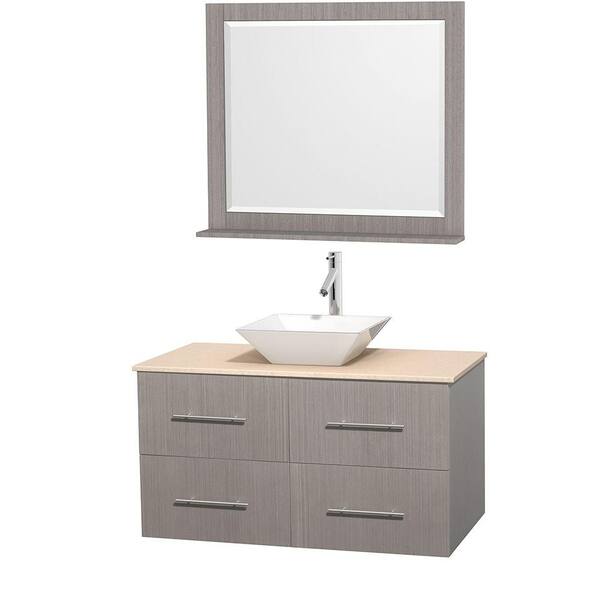 Wyndham Collection Centra 42 in. Vanity in Gray Oak with Marble Vanity Top in Ivory, Porcelain Sink and 36 in. Mirror