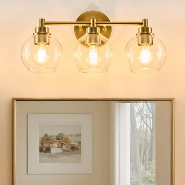 Merra 19.5 in. 3-Light Antique Brass Vanity Light with Clear Glass Shade E26 Sockets for Bathroom Bedroom Hallway Living Room