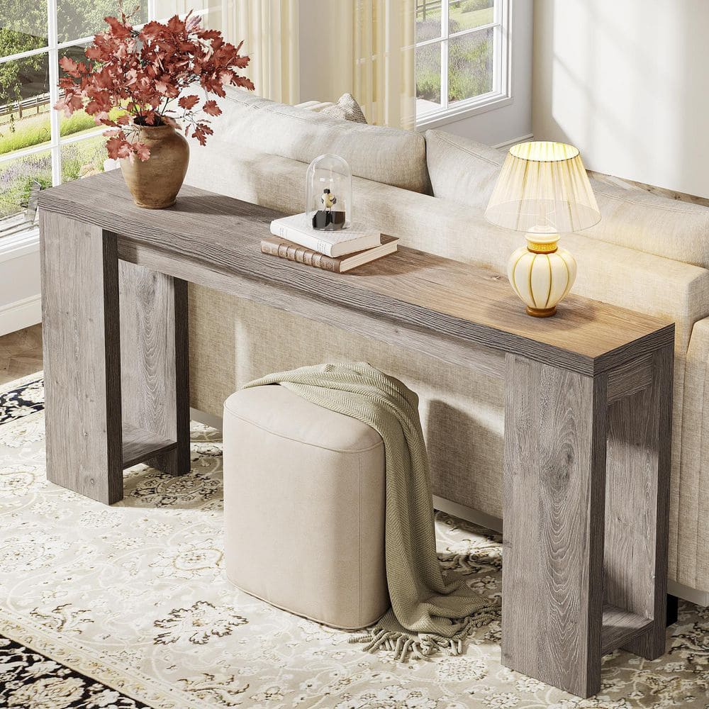 Gray Engineered Wood Farmhouse Console Table with Storage