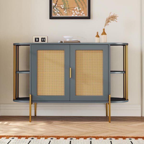 Harper & Bright Designs Dark Gray Wood 47.2 in. W Elegant Curved Sideboard with Gold Trim and Woven Rattan Doors