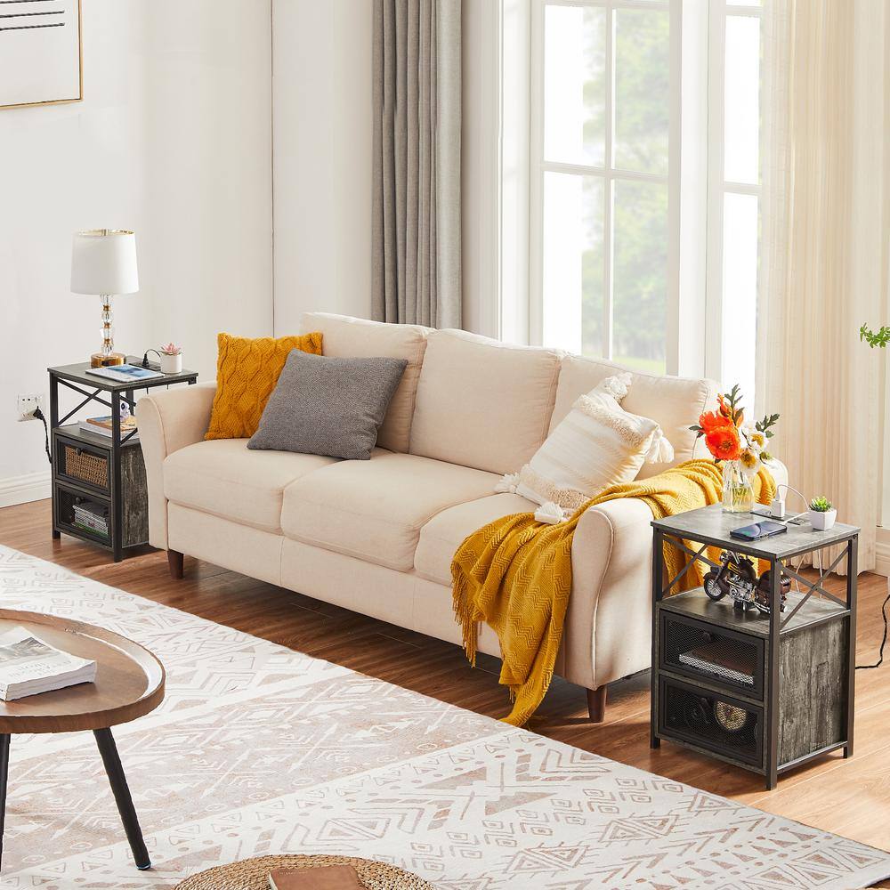 Gray and Black Metal Nightstands with Wood Top and USB Ports, Set of 2