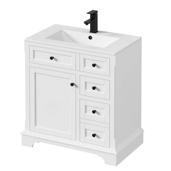 30 in. W x 18.7 in. D x 34 in. H Single Sink Freestanding White Bath Vanity with White Resin Top and Drain Faucet Set