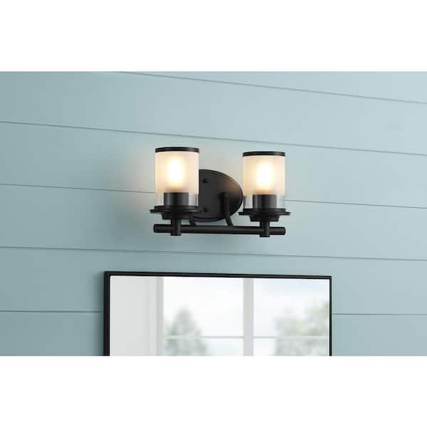 Hampton Bay Truitt 14.2 in. 2-Light Matte Black Modern Transitional Vanity with Clear and Frosted Glass Shades