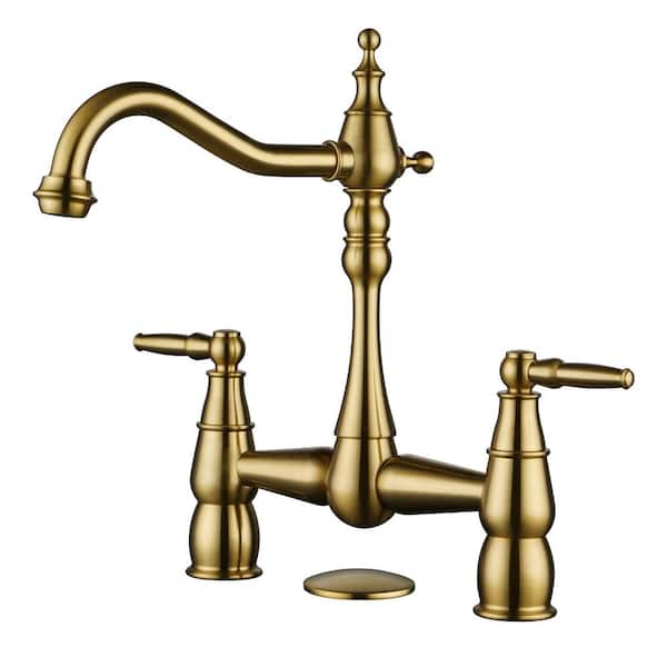 WOWOW Double-Handle Bridge Kitchen Faucet Deck-Mount, 2 Hole Brass Kitchen Sink Faucet in Gold