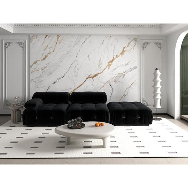 J&E Home 103.9 in. W Square Arm Velvet Rectangle Sofa with Removable Ottoman in Black