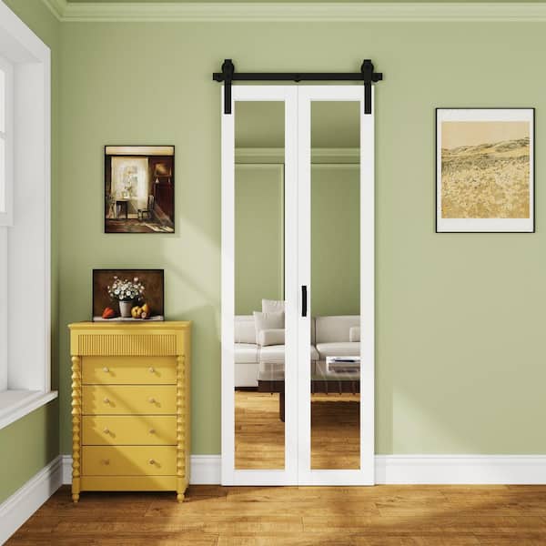36 in. x 84 in. 1-Lite Mirrored Glass White Finished Composite Bi-Fold Sliding Barn Door with Hardware Kit