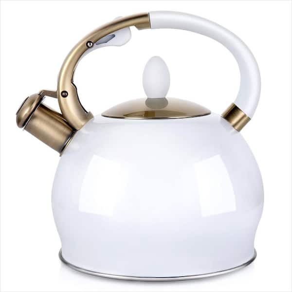 10-Cup Stove Top Whistling Tea Kettle with Cool Touch Ergonomic Handle, Stainless Steel Teakettle Teapot, White