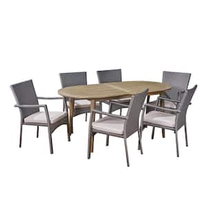 Stamford Grey 7-Piece Plastic and Wood Outdoor Dining Set with Grey Cushions