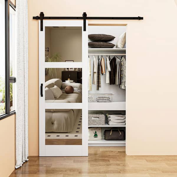 EH PUERTA 30 in. x 84 in. 3-Lite Mirrored Glass White Finished Solid Core MDF Barn Door Slab with Barn Door Hardware Kit