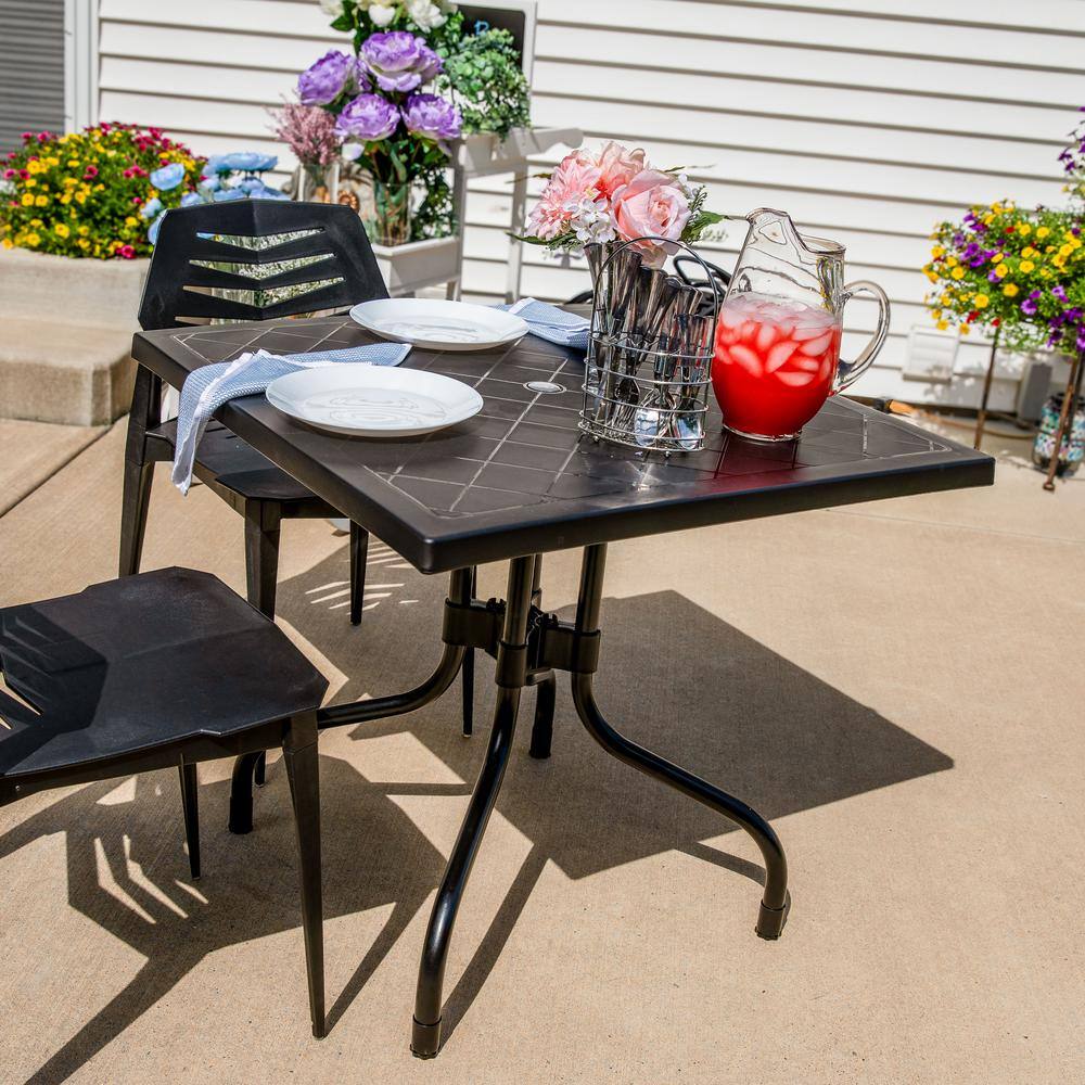 Black Square Polypropylene Top Outdoor Dining Table with Curved Iron Legs