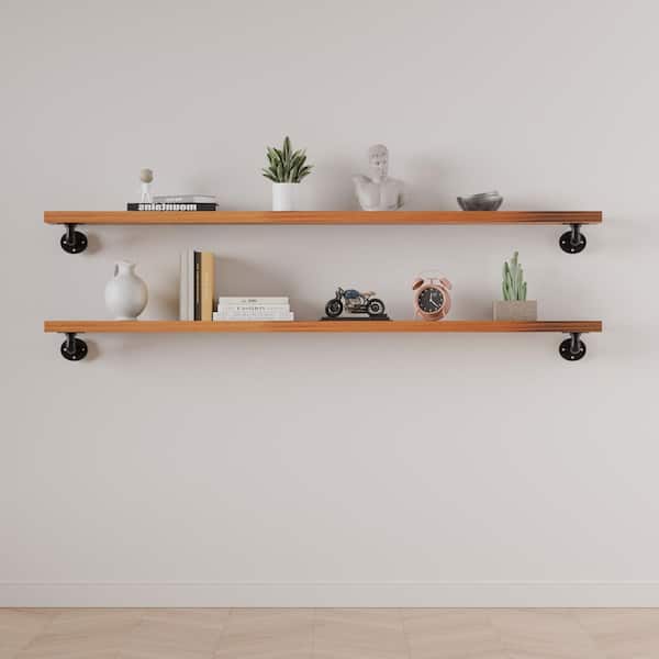 Industrial Series 48in W x 8in D Orange Wood 2-Tier Decorative Wall Shelf