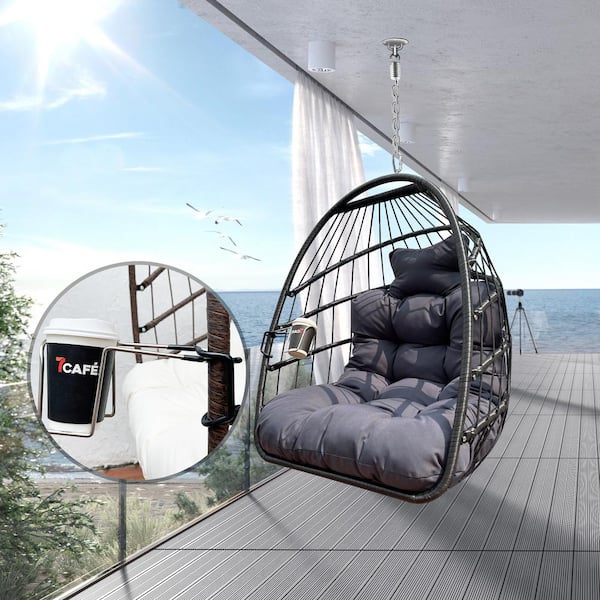 Unbranded Egg Chair Outdoor Wicker Hanging Chair, Foldable Frame 350lbs with Grey UV Resistant Cushion and Pillow