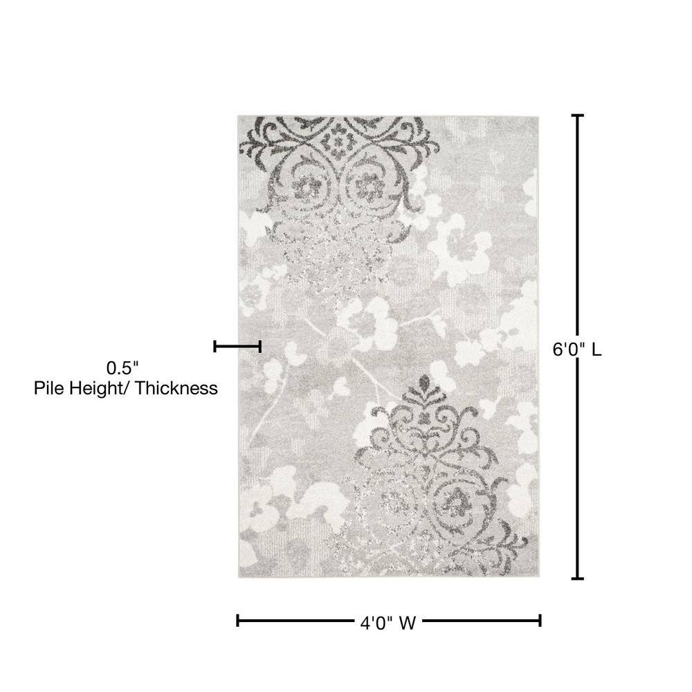 Silver and Ivory Floral Reversible 4' x 6' Synthetic Rug