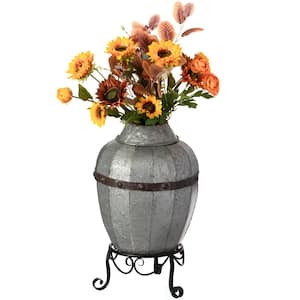 Rustic Silver Galvanized Barrel Shape Planter and Vase with Metal Stand