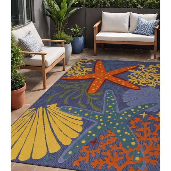 Orange, Green, Blue 5 ft. x  7 ft. Woven Abstract Polyester Runner Indoor/Outdoor Area Rug