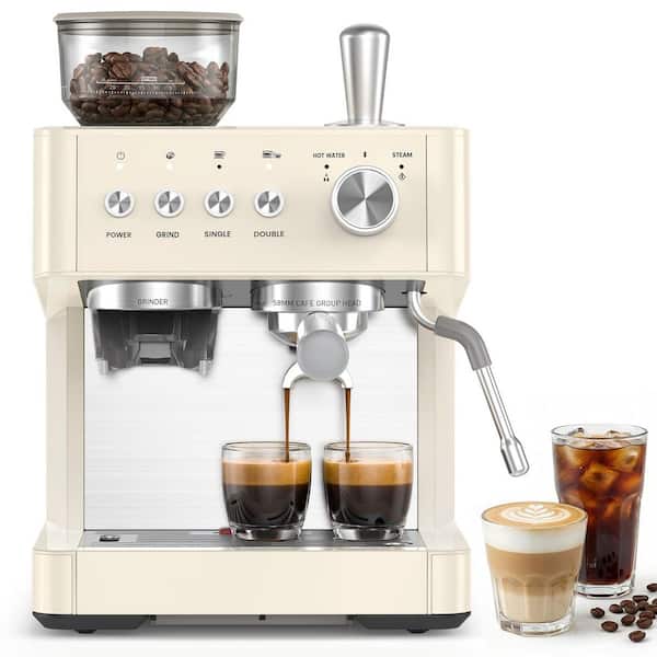 5 Cup White Espresso Machine with Built-In Grinder, 20-Bar Pressure, Steam Wand and Hot Water Function