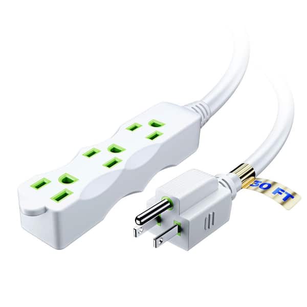 30 ft. 16 / 3 Light Duty Indoor I-Shaped Extension Cord, 3-Outlet, 13 Amps, White with Green Indicators