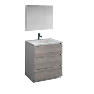 Lazzaro 30 in. Modern Bathroom Vanity in Glossy Ash Gray with Vanity Top in White with White Basin and Medicine Cabinet