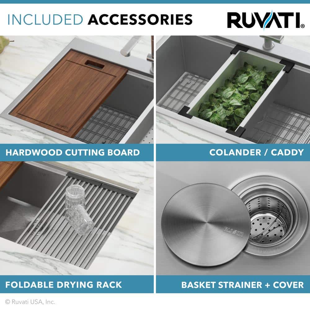 Ruvati 25" Stainless Steel Workstation Kitchen Sink with Wood Cutting Board