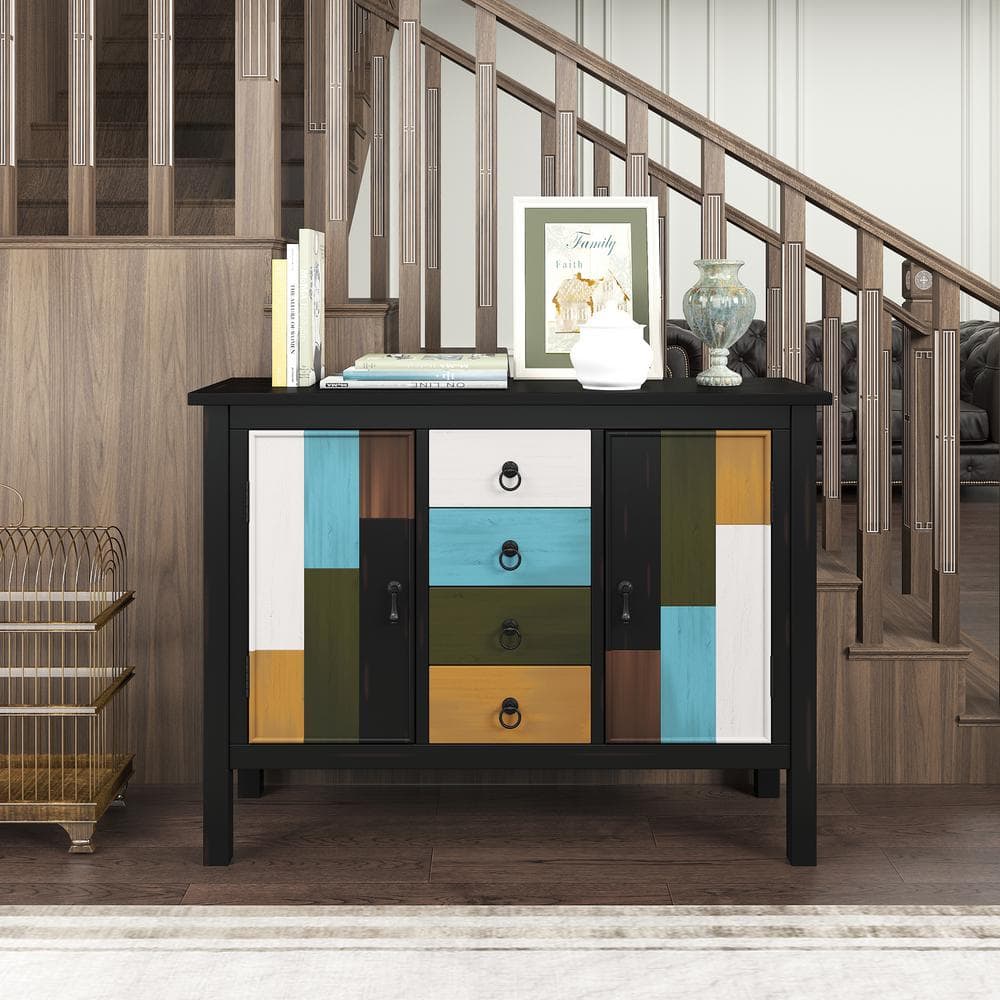 URTR Black Storage Cabinet Colorful Design Wood Sideboard Buffet with 4 ...