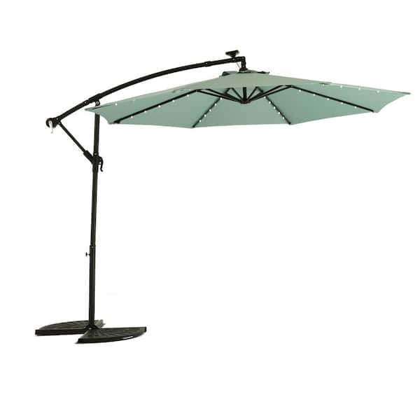 Unbranded 10 ft. Solar LED Market Tilt Patio Umbrella Offset Hanging Outdoor Umbrella in Light Green