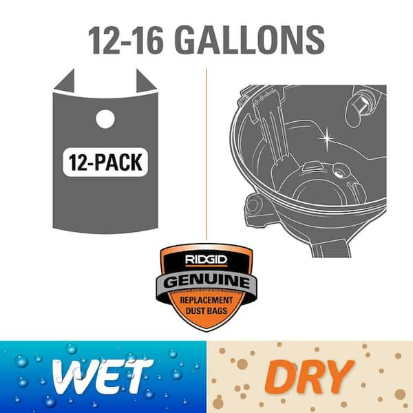 Wet Dry Vac Premium Wet Mess or Dry Dust Debris Bags for Select 12-16 Gallon RIDGID Shop Vacuums, Size A (12-Pack)