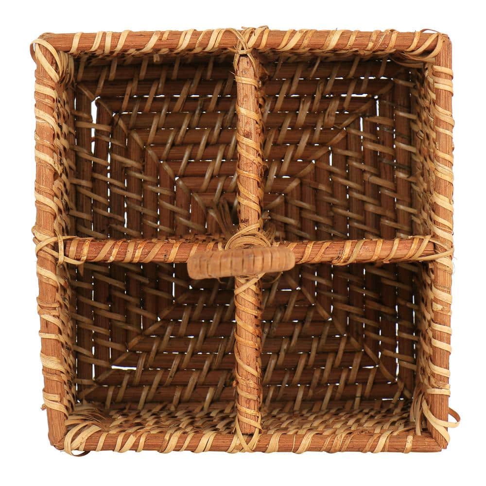 Brown Rattan Woven 4-Section Flatware Caddy with Handle
