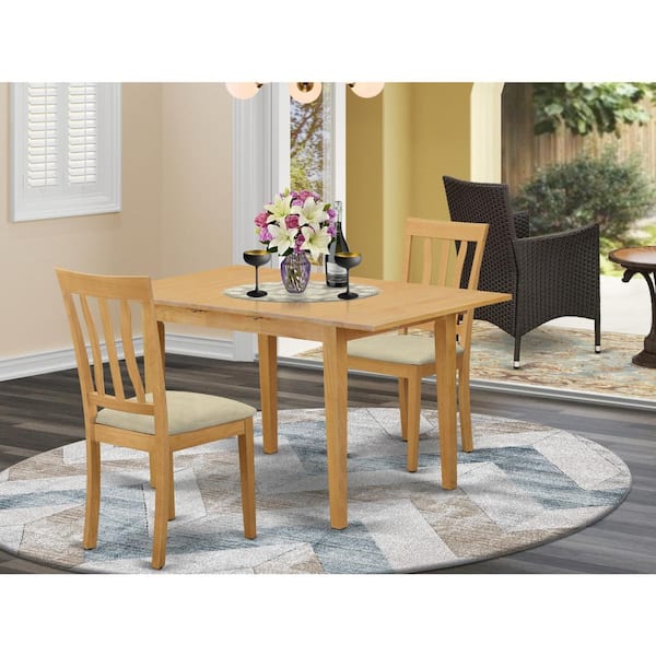 East West Furniture 3-Piece Natural Brown Oak Finish Solid Wood Top Dining Table Set