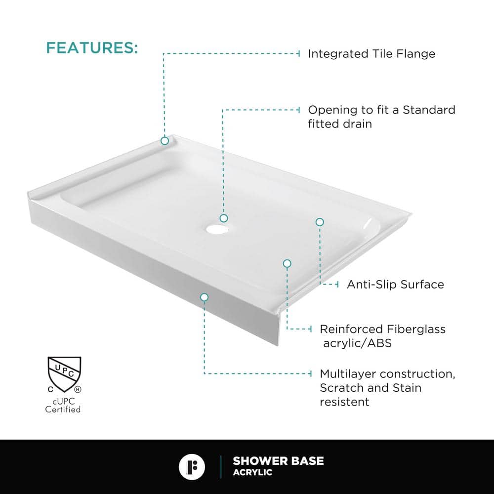 48" x 32" White Acrylic Single Shower Base with Non-Slip Surface