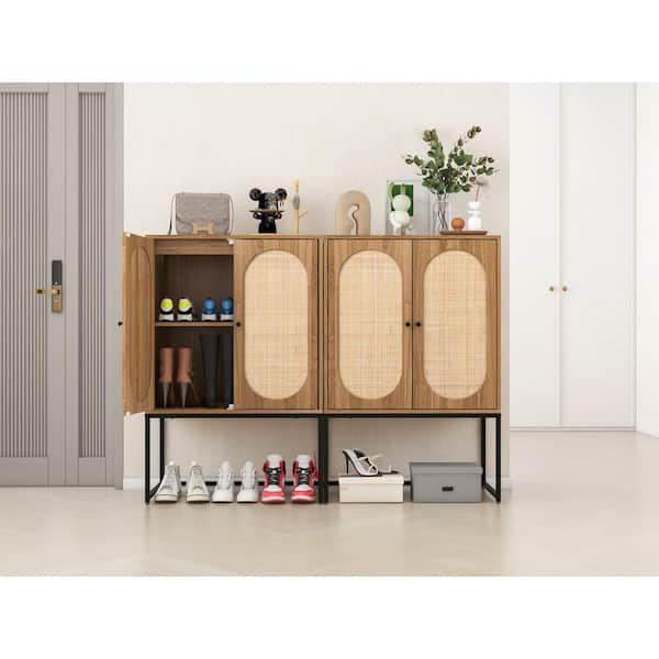 sumyeg Walnut 41.23 in. H Rattan 2 Door Accent Storage Cabinet with Adjustable Shelf (Set of 2)