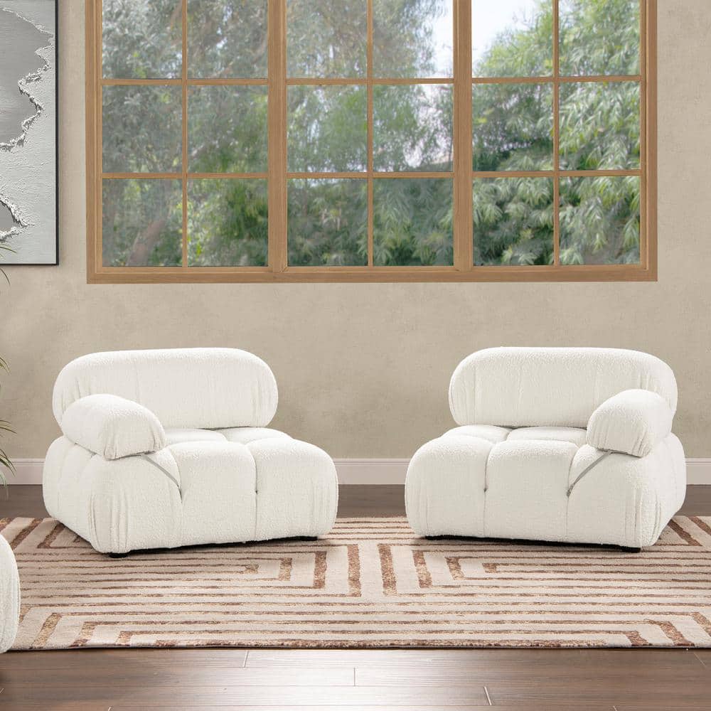 Ivory White Bouclé Modular Lounge Chair with Padded Arm
