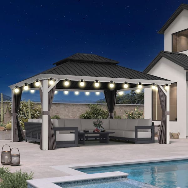 13 ft.x15ft. White Luxury Aluminum Frame Hardtop Gazebo for Patio Deck Backyard Netting Hooks Upgraded Curtain 36-Lights
