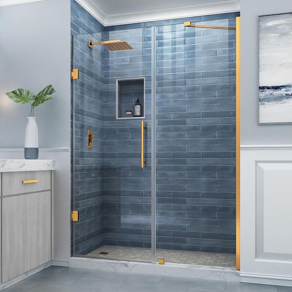 Aston Belmore 61.25 to 62.25 in. W x 72 in. H Frameless Hinged Shower Door in Brushed Gold