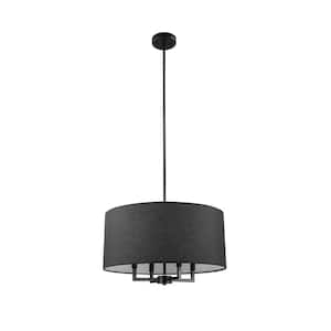 4-Light Matte Black Chandelier Ceiling Light with Black Fabric Shade
